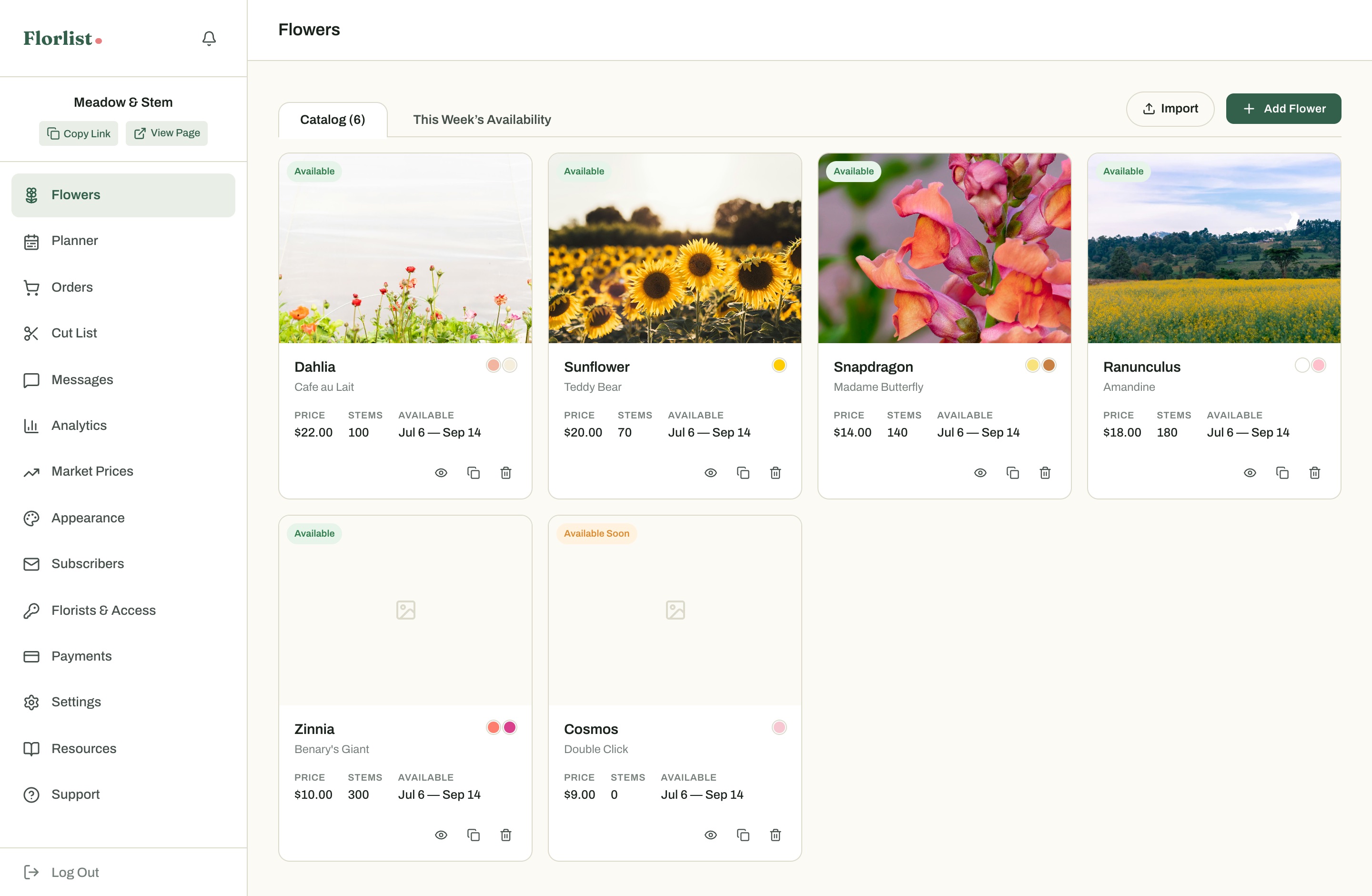 The Flowers catalog with flower cards